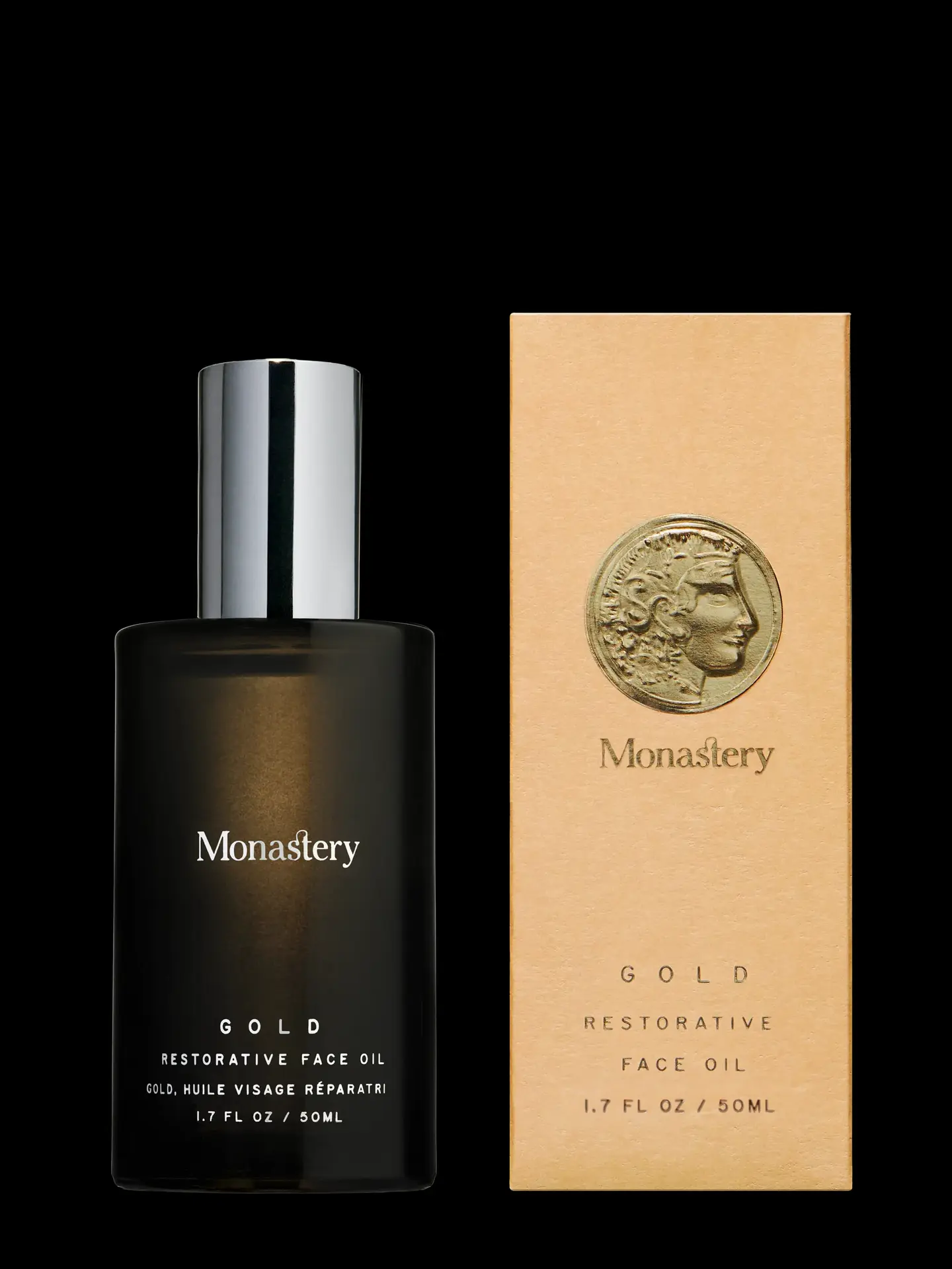 Gold Restorative Face Oil bottle beside its tan box