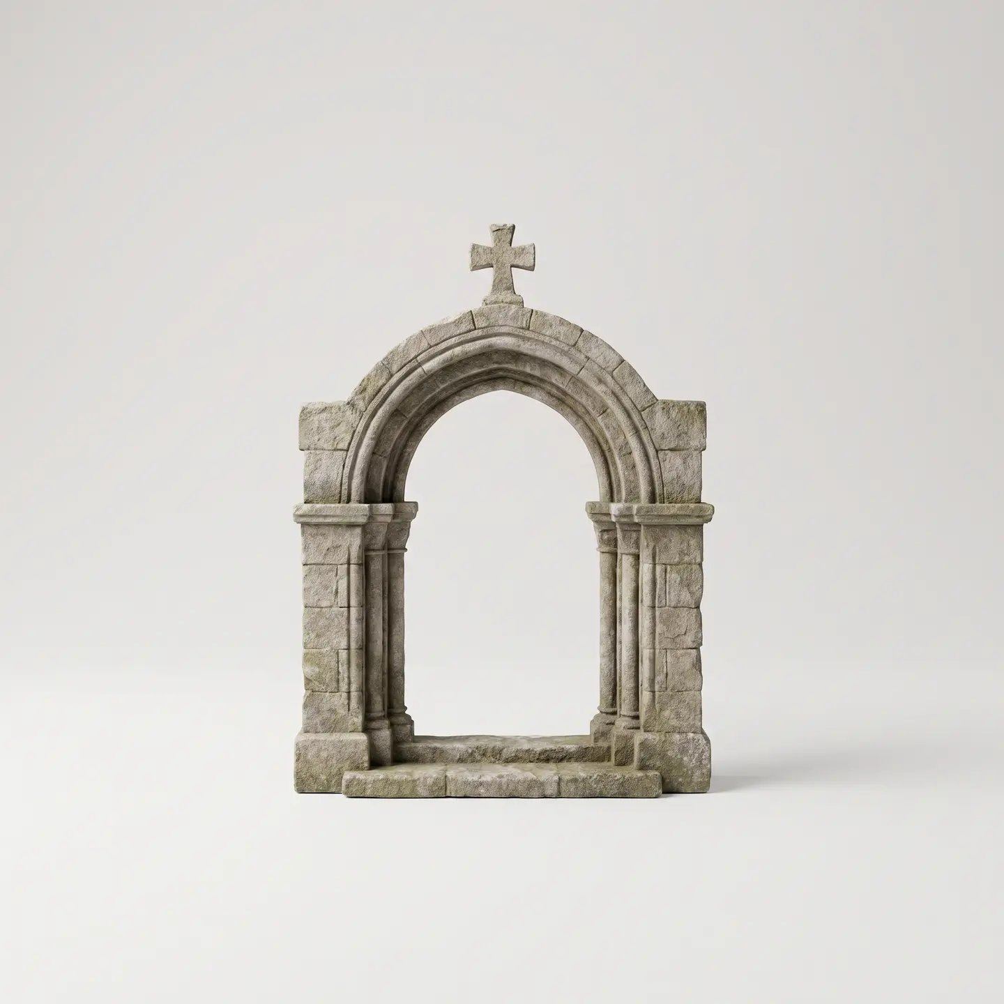 A carved stone arch, the Monastery emblem, standing on a pale plinth